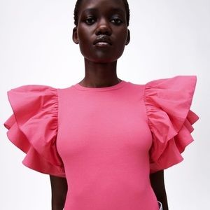 Zara Pink Ruffled Shoulder Bodysuit